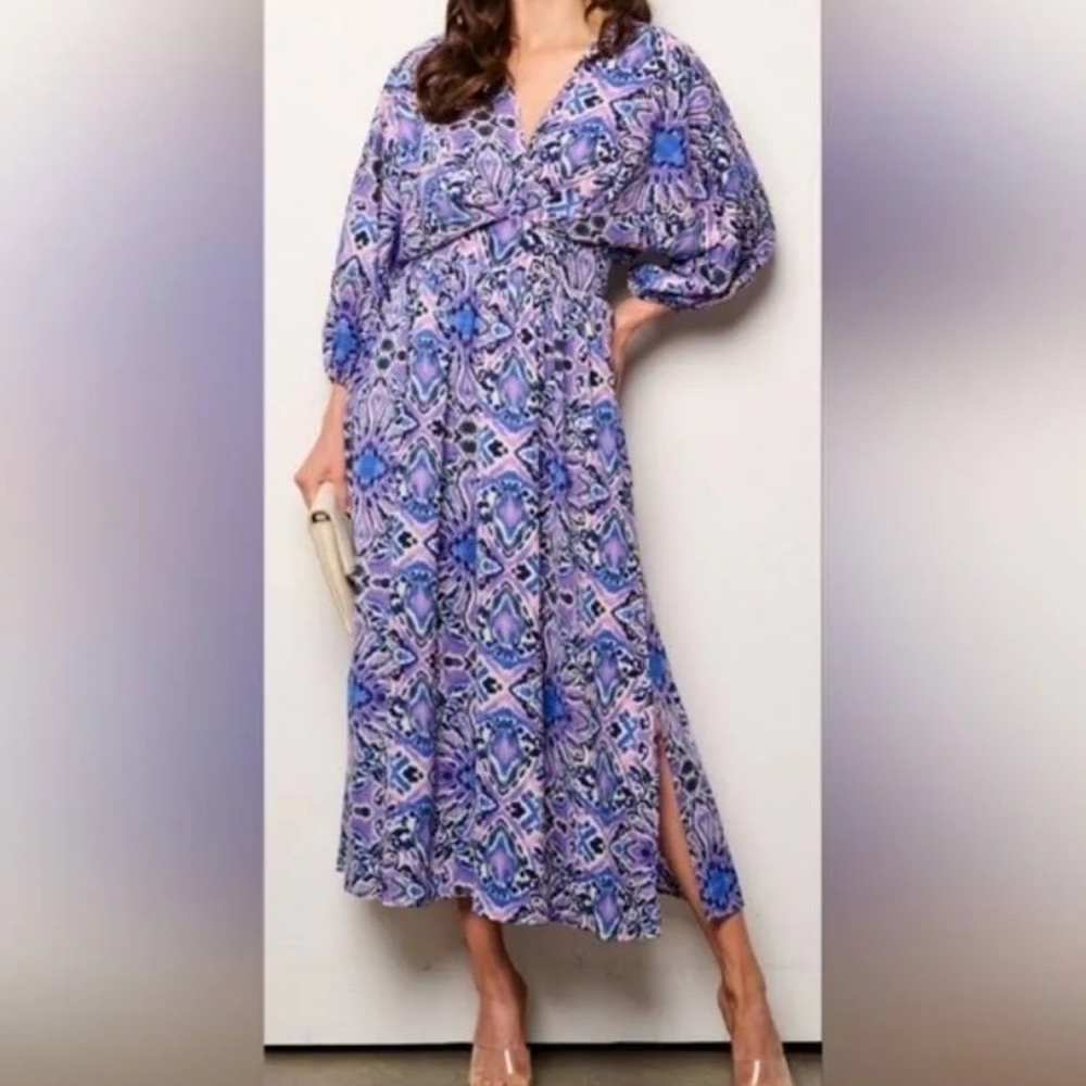 3/4 Sleeve V-Neck Maxi Dress with Smock Waist